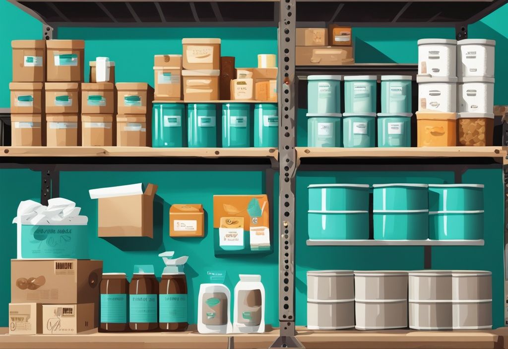 Moderne digitale Illustration in Teal-Tönen zeigt eine Vielzahl von Produkten wie Getreide, Konserven, Toilettenpapier und Seife, ordentlich in einem Lagerhaus organisiert. Was ist Bulk?