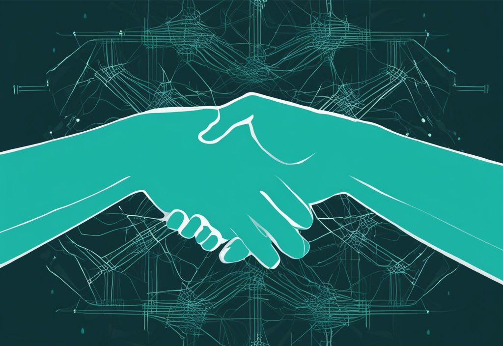 Abstrakte Darstellung eines TCP-Handshakes mit drei digitalen Händen in einem Netzwerk, moderne digitale Malerei in Teal.