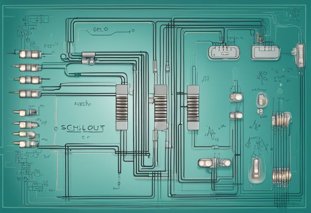 Moderne digitale Malerei mit Schmitt-Trigger-Schaltplan, detailliert beschriftet mit Hystereseschleife und Ein-/Ausgangsspannungspegeln, Hauptfarbthema Teal