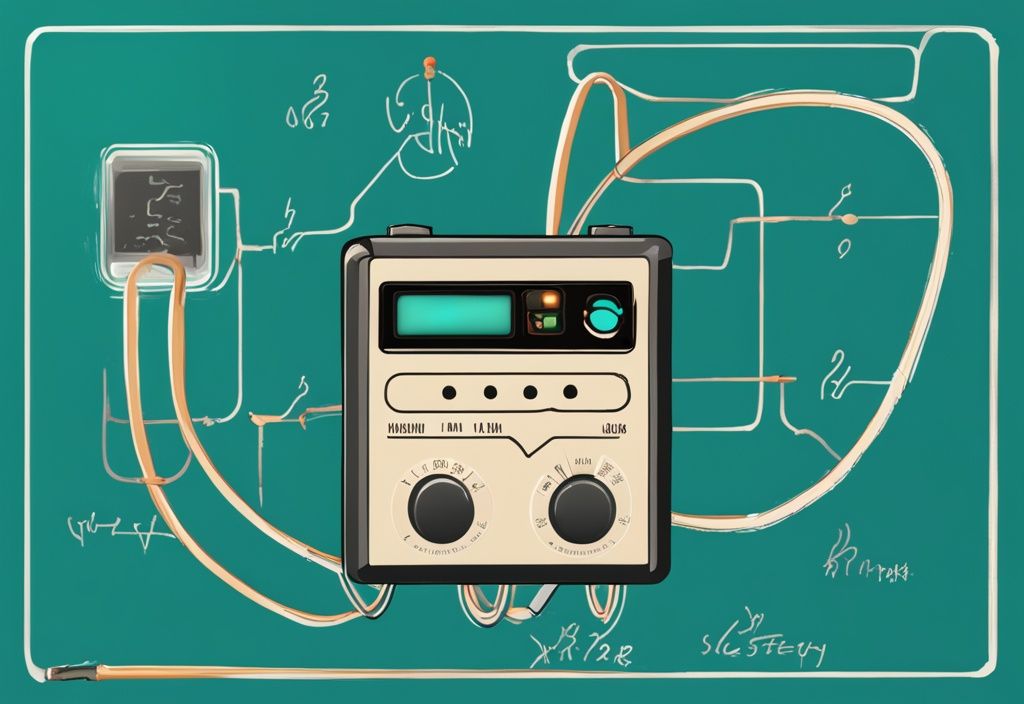 Moderne digitale Illustration in Türkis, die das ohmsches Gesetz zeigt, mit einer Batterie, einem Widerstand und Verbindungsdrähten, die mit den Symbolen für Spannung (V), Strom (I) und Widerstand (R) markiert sind.