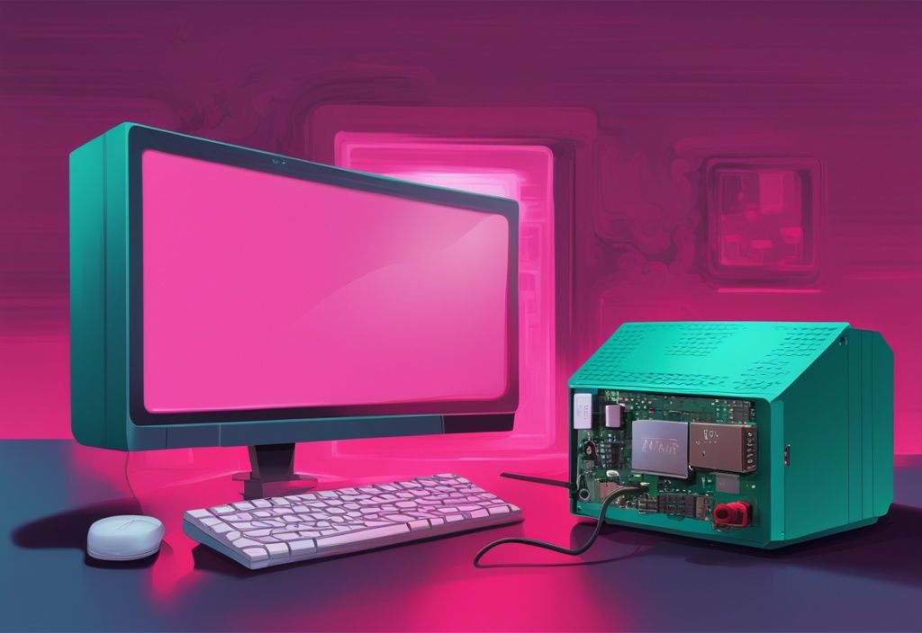 Moderne digitale Malerei mit Hauptfarbe Türkis, Raspberry Pi Computer mit ausgeschaltetem Betriebsanzeigelicht, heruntergefahren