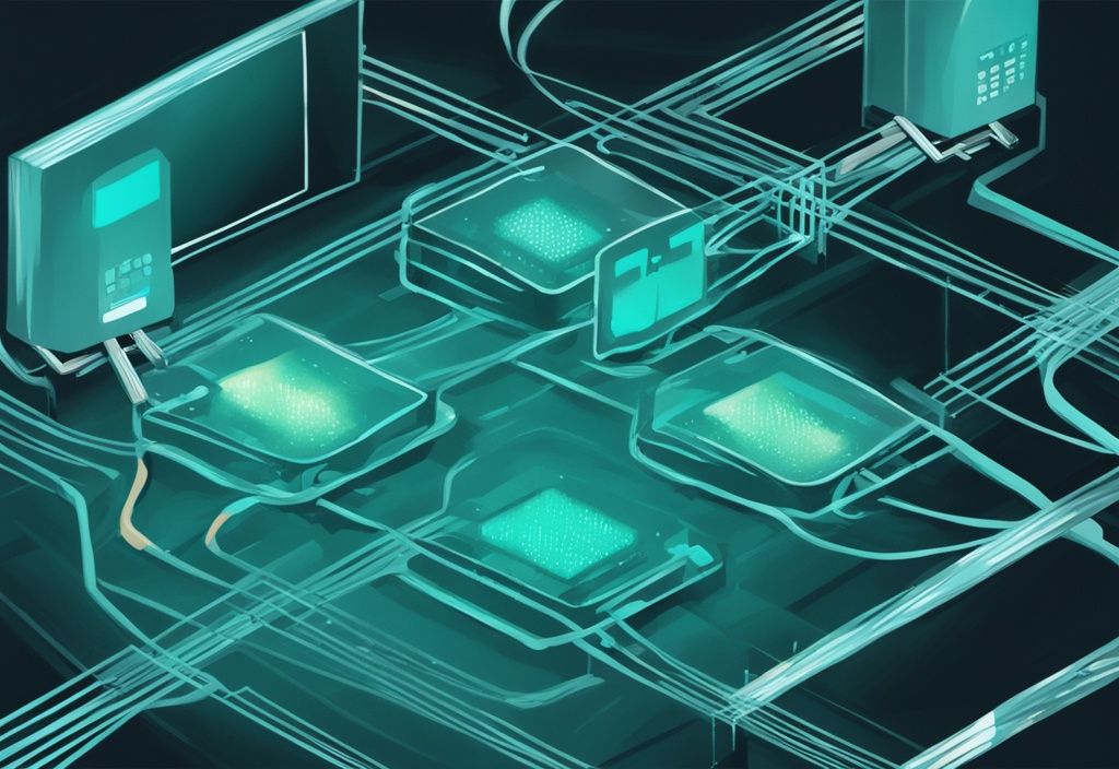 Nahaufnahme eines Computernetzwerks mit Ethernet-Frames, die zwischen Geräten übertragen werden, moderne digitale Malerei in Teal-Farbtönen.