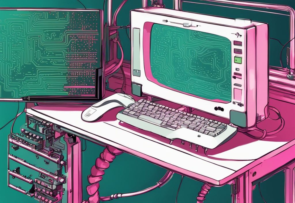 Moderne digitale Illustration in Türkis: Raspberry Pi Platine verbunden mit einem Computerbildschirm, Dialogfeld zur Änderung des Raspberry Pi Passwort ändern geöffnet.