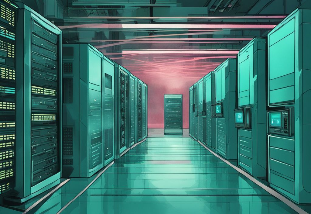 Moderne digitale Illustration mit Hauptfarbe Türkis, die einen Mainframe-Computer in einem elektronischen Serverraum zeigt, umgeben von blinkenden Lichtern und Bandlaufwerken.