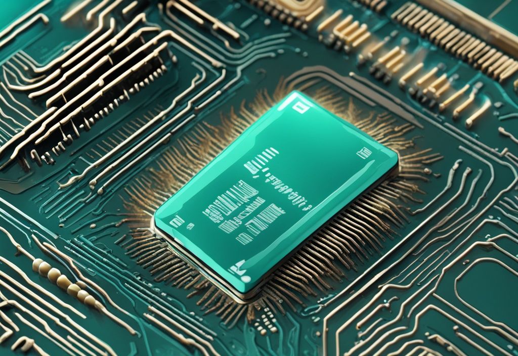 Nahaufnahme eines modernen Computerchips mit hervorgehobener L1-Cache, digitale Illustration in Teal-Farben.