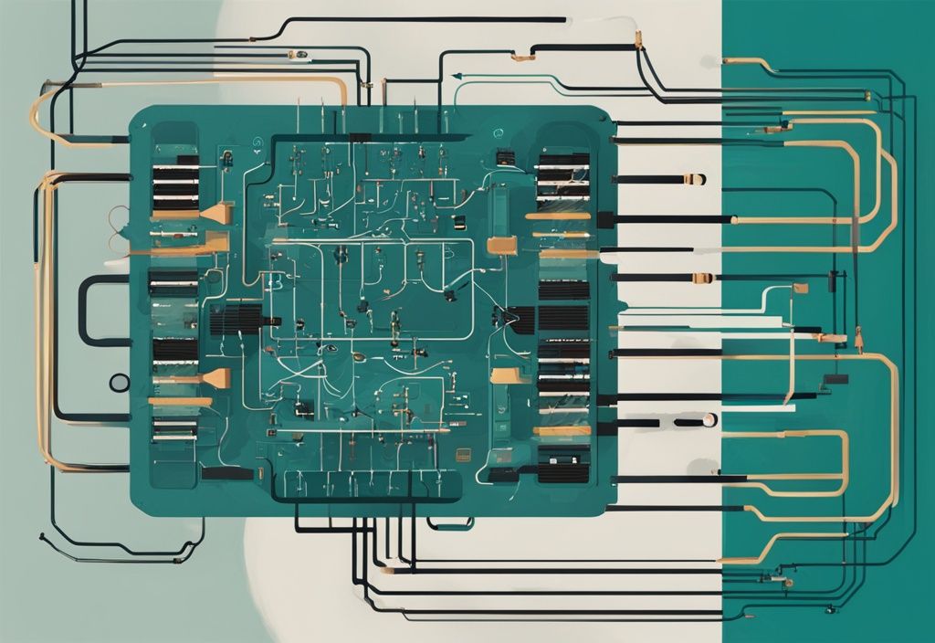 Modernes digitales Gemälde einer detaillierten Schaltung mit Transformator auf türkisem Hintergrund.