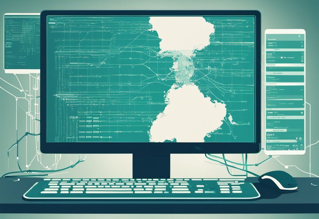 Moderne digitale Malerei mit Teal-Farbschema, die einen Computerbildschirm mit Codes für Netzwerk-Mapping zeigt, einschließlich "nmap" und "Port-Scan".