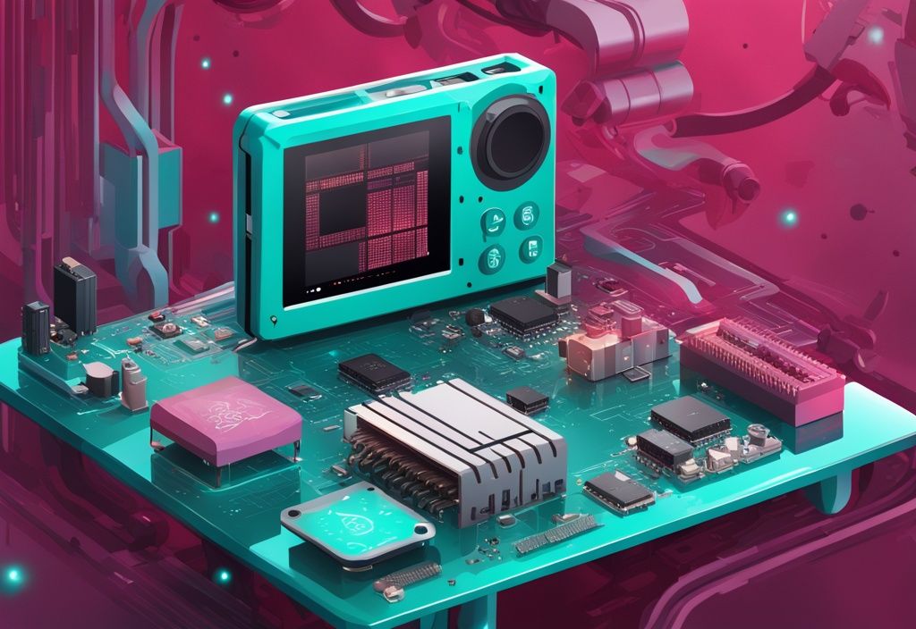 Moderne digitale Malerei-Illustration mit einem Raspberry Pi Pico Mikrocontroller und verstreuten Komponenten auf einem technik-inspirierten Hintergrund in Teal-Farbtönen