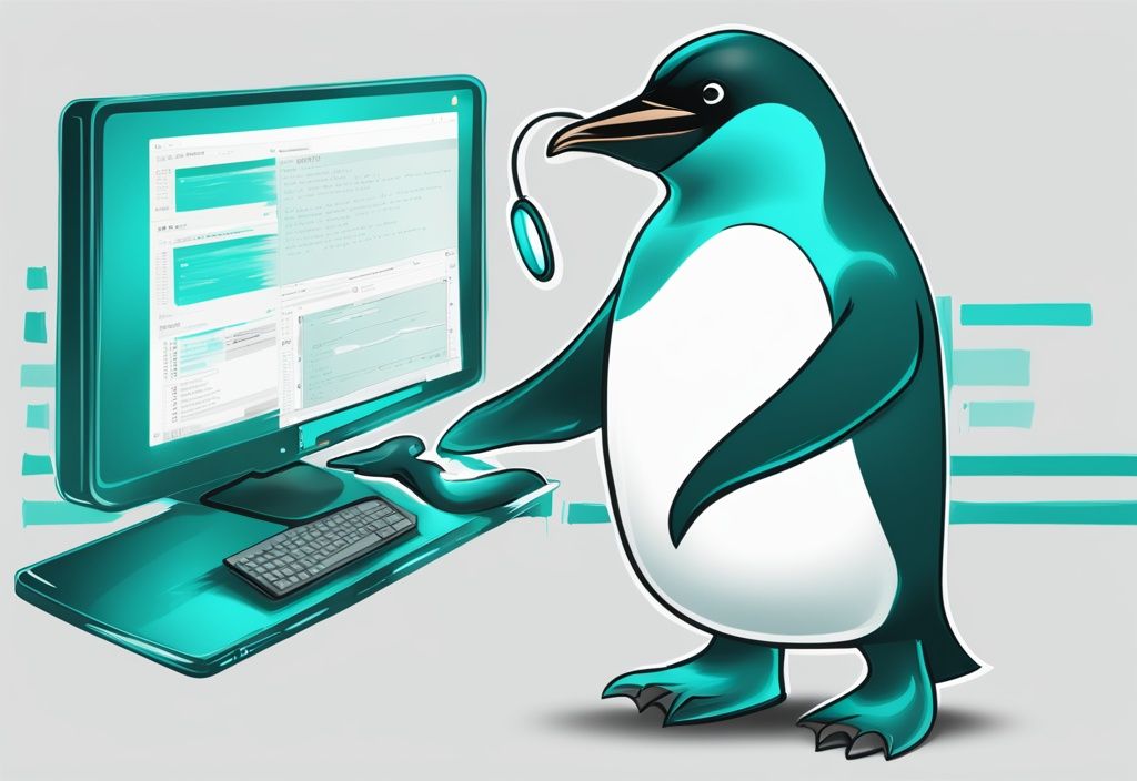 Moderner digitaler Gemäldeillustration in Teal, Linux-Pinguin-Maskottchen mit Lupe, hervorgehobene Codezeile im Terminalfenster zur Ausführung einer Datei zeigend.