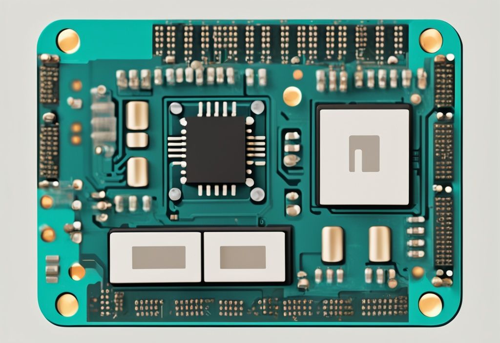 Nahaufnahme eines NE555 Timer-Chips auf einer farbenfrohen Leiterplatte mit hervorgehobenen Pin-Konfigurationsdetails, moderne digitale Malerei, Hauptfarbe Türkis