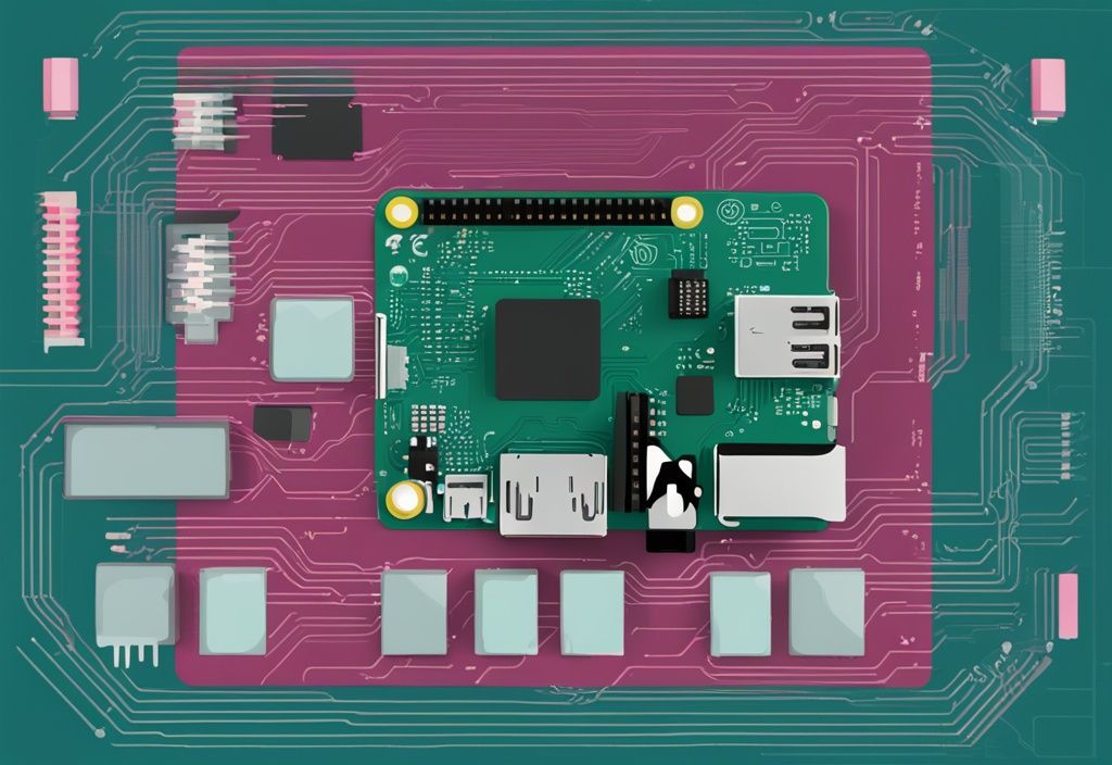 Moderne digitale Illustration eines Raspberry Pi 4 mit Beschriftung der Komponenten und Bildschirm mit Code, Hauptfarbe Teal.