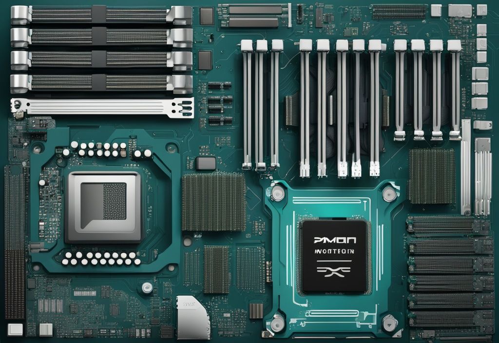 Moderne digitale Illustration eines Mainboards aus der Vogelperspektive, detailliert und beschriftet, mit Komponenten wie RAM-Steckplätzen, CPU-Sockel, PCI-Steckplätzen und verschiedenen Anschlüssen, Hauptfarbthema ist Türkis.