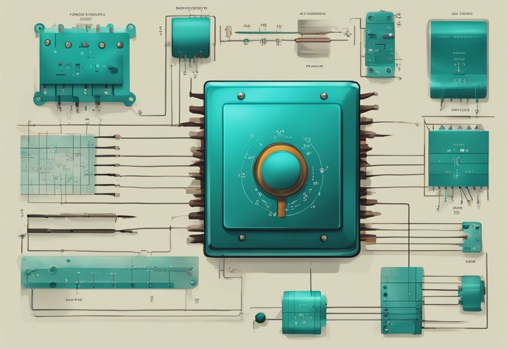 Moderne digitale Illustration eines Varistors in Teal mit beschrifteten funktionalen Teilen und Darstellung der Spannungsänderungsreaktion