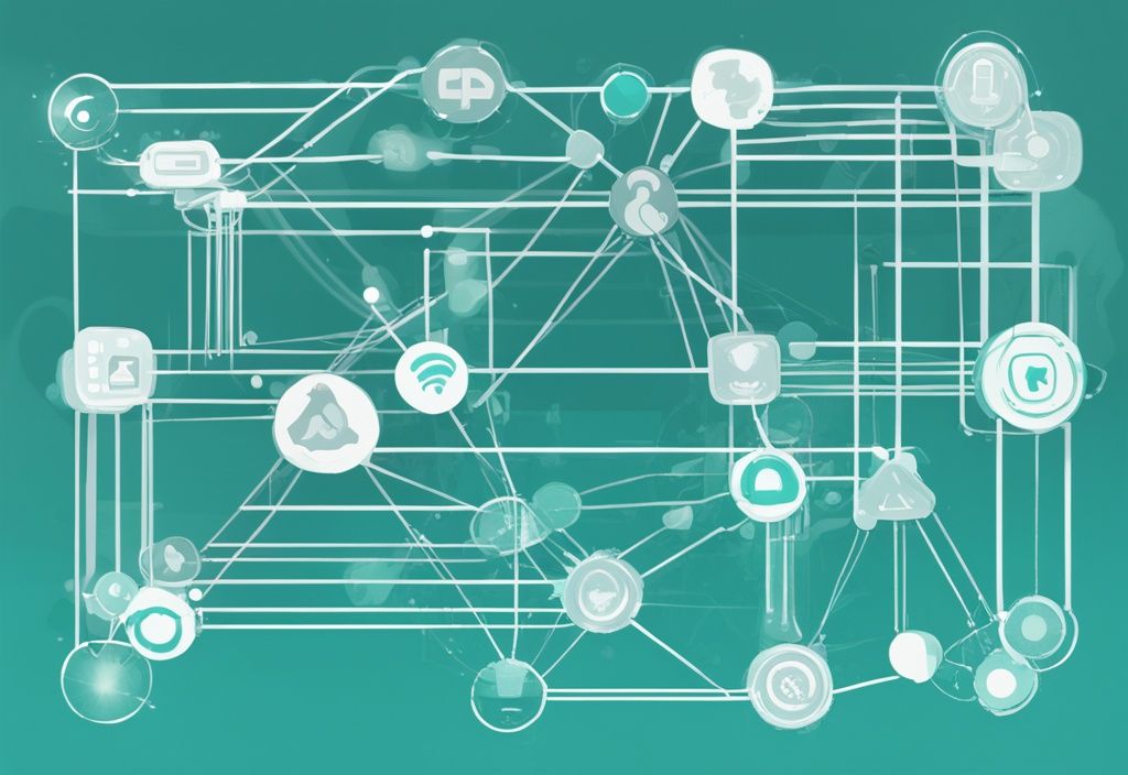 Digitale Illustration eines Netzwerks mit Knotenpunkten, die Geräte symbolisieren, und hervorgehobenem Pfad zur Darstellung des ARP-Protokolls in der Hauptfarbe Teal.