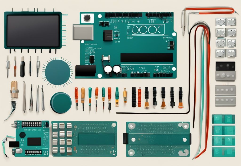 Moderne digitale Malerei mit elektronischen Bauteilen wie Widerständen, Kondensatoren, Transistoren und einem Steckbrett sowie einem einfachen Schaltplan, Hauptfarbe Teal