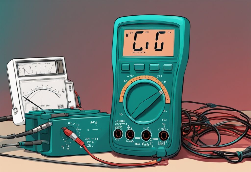 Moderne digitale Malerei mit einem digitalen Multimeter, das eine Widerstandsmessung in Ohm umrechnen zeigt, Hauptfarbe Teal.