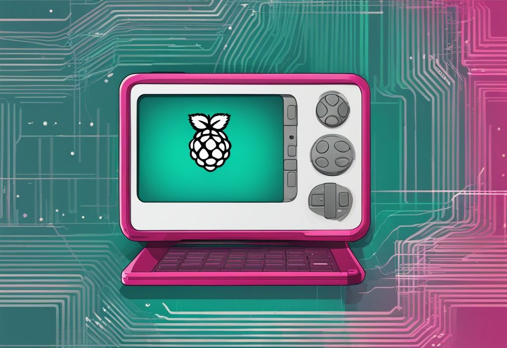 Moderne digitale Malerei mit Teal-Farbschema, zeigt ein Raspberry Pi Gerät mit Codezeilen auf einem Hintergrund, der das Raspberry Pi OS symbolisiert.