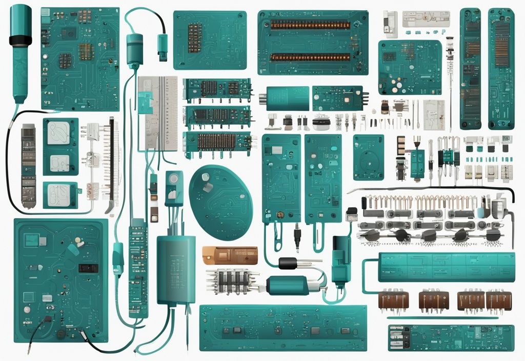 Moderne digitale Malerei mit Teal-Farbschema, zeigt schematische Symbole für Widerstände, Kondensatoren und Transistoren auf weißem Hintergrund