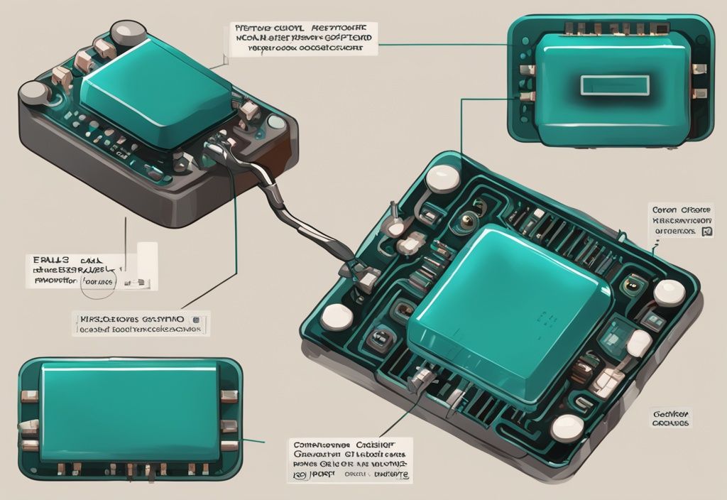 Moderne digitale Malerei mit Nahaufnahme eines PNP-Transistors, der verschiedene Teile wie Emitter, Basis und Kollektor beschriftet zeigt, Hauptfarbe Teal.