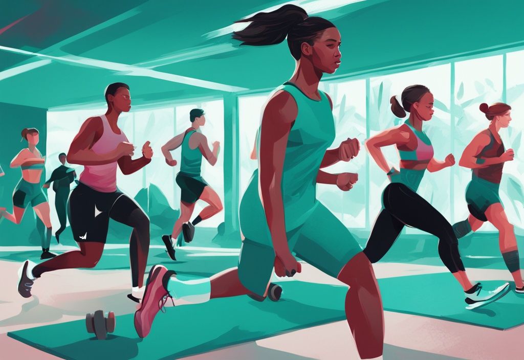 Moderne digitale Malerei mit Athleten, die verschiedene Übungen mit der NTC (Nike Training Club) App auf einem großen Bildschirm im Vordergrund ausführen, Hauptfarbe Teal.