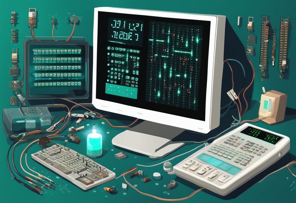 Modernes digitales Gemälde einer LED-Widerstandsrechner-Software auf einem Computerbildschirm, umgeben von verschiedenen elektronischen Bauteilen wie LEDs und Widerständen, in einer Farbpalette aus Türkis.