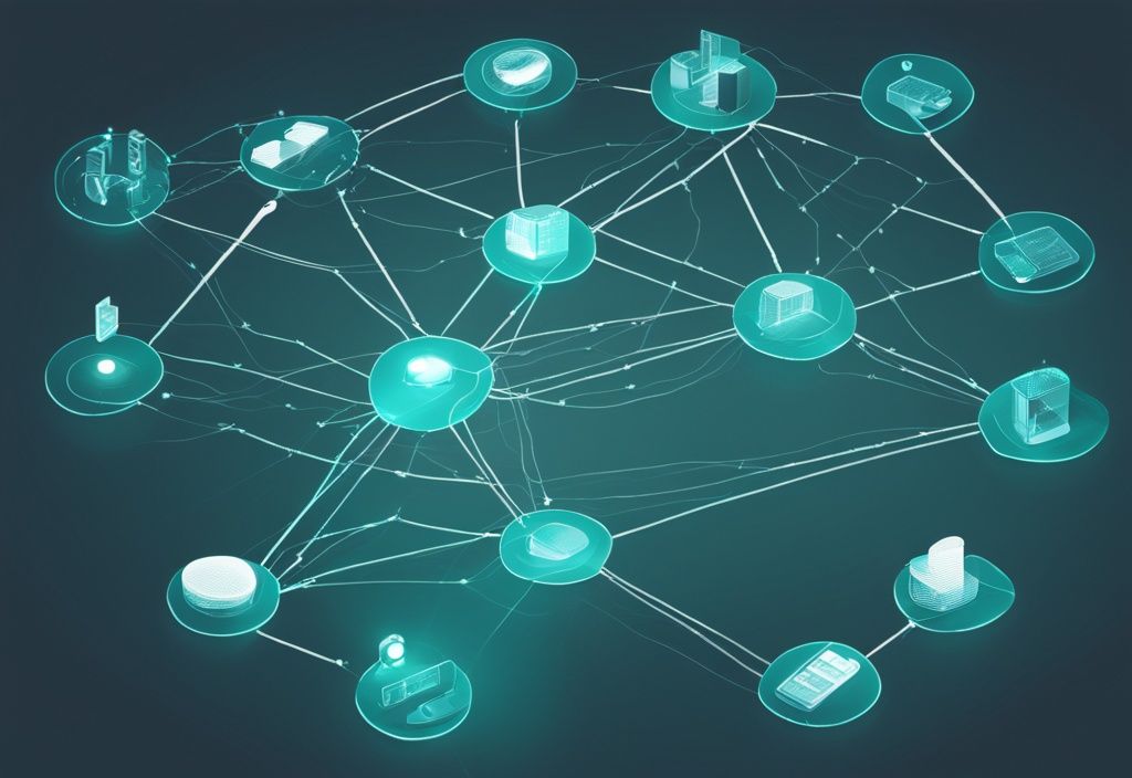 Digitale Illustration eines Netzwerks mit Knotenpunkten, die Geräte symbolisieren, und einem hervorgehobenen Pfad zur Veranschaulichung des ARP-Protokolls, Hauptfarbthema ist Teal.