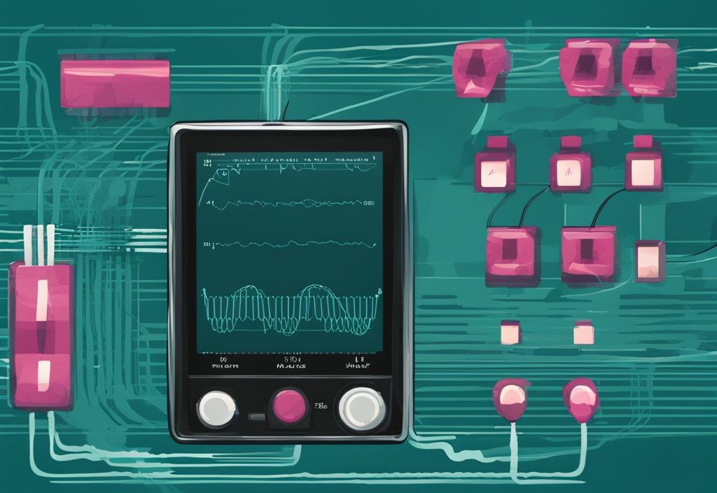 Moderne digitale Illustration in Teal, die eine diagrammatische Darstellung von RMS-Wechselspannung mit Sinuswellen, einem Messgerät zur Anzeige von RMS-Werten und deutlich gekennzeichneten Spitzen- und Effektivwert-Wechselspannungen zeigt.