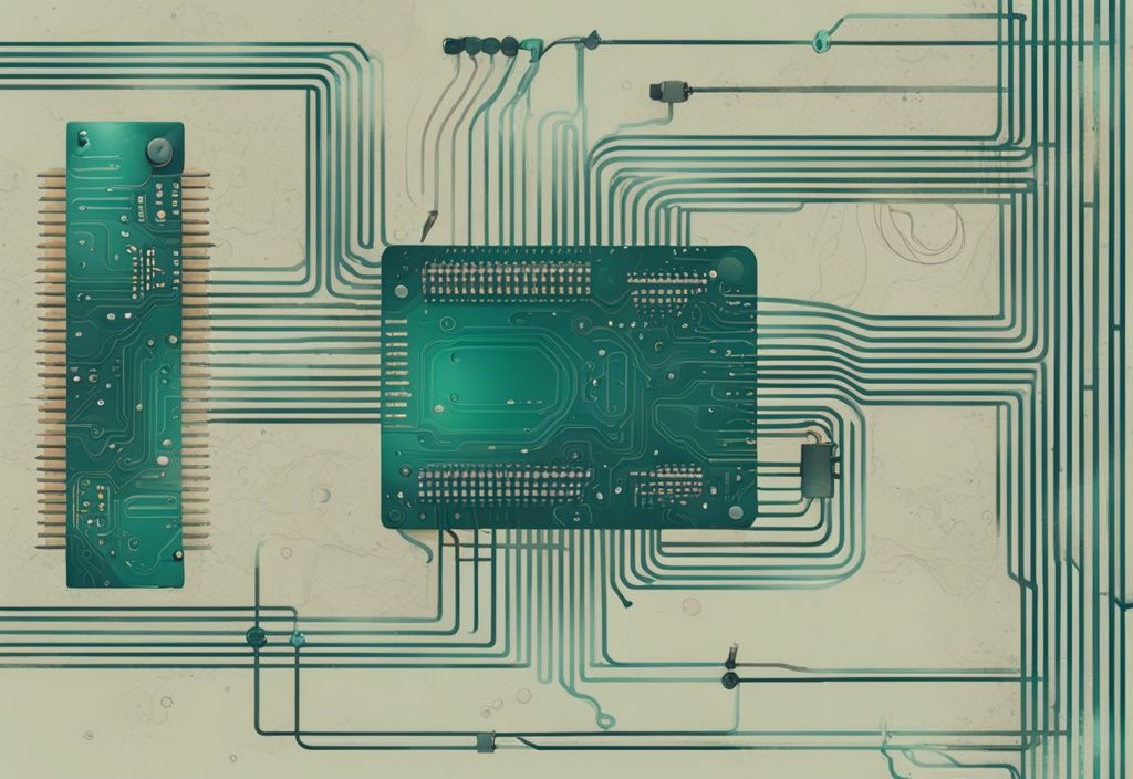 Moderne digitale Malerei mit einem komplexen Schaltkreis, Drähten und Komponenten in Teal, überlagert von einer schwachen Sinuswelle, die elektrische Impedanz darstellt.