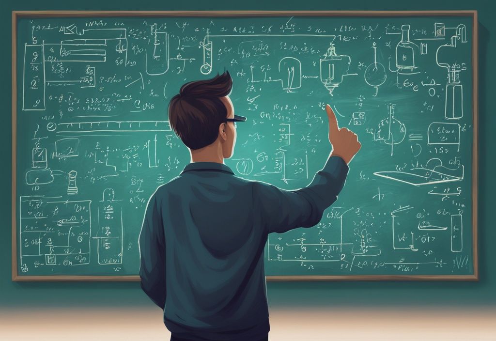 Moderne digitale Illustration einer Person, die auf eine Tafel mit mathematischen Formeln und Skizzen von Elektrogeräten zeigt, um den Prozess der Wattberechnung zu symbolisieren, Hauptfarbe Teal.