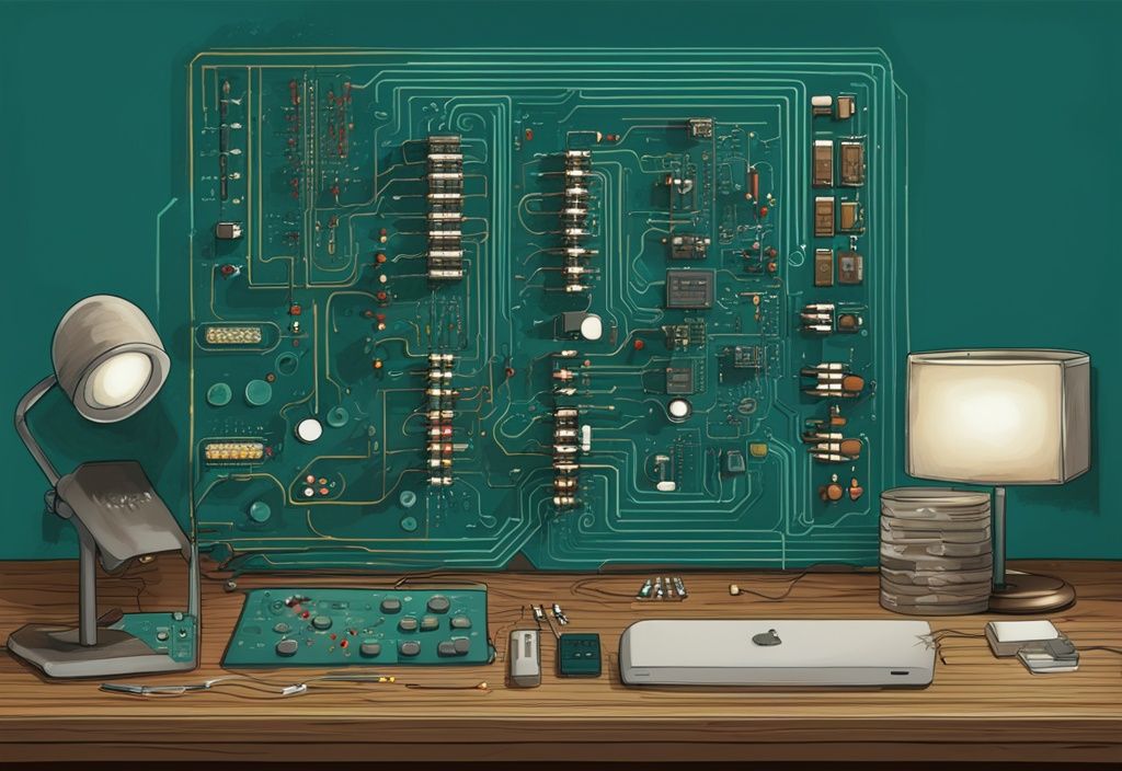 Moderne digitale Malerei mit Schaltplan auf Holztisch, zeigt Reihen von Widerständen und LEDs in Teal-Farben.