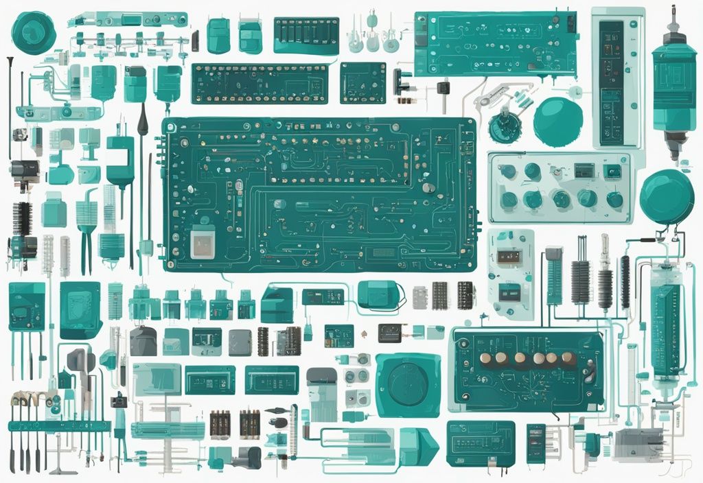 Moderne digitale Malerei mit Teal-Farbschema, zeigt schematische Symbole von Widerständen, Kondensatoren und Transistoren auf weißem Hintergrund.