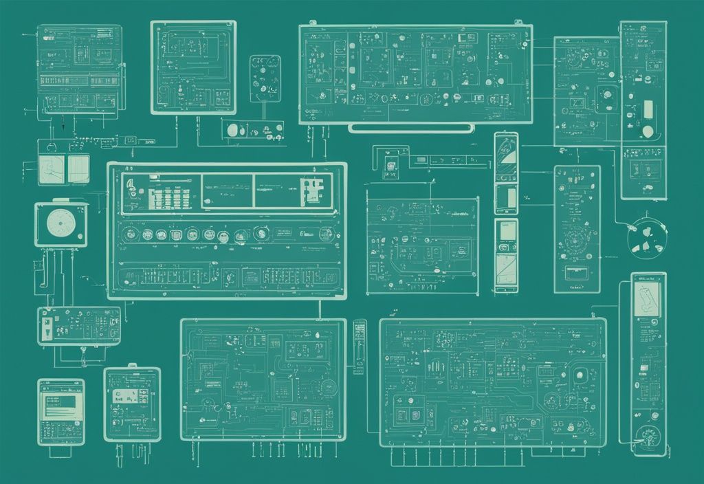 Moderne digitale Malerei-Illustration mit dem Hauptfarbthema Türkis. Eine Sammlung von häufig verwendeten schaltplan symbole in elektrischen und elektronischen Diagrammen, ordentlich angeordnet und beschriftet.