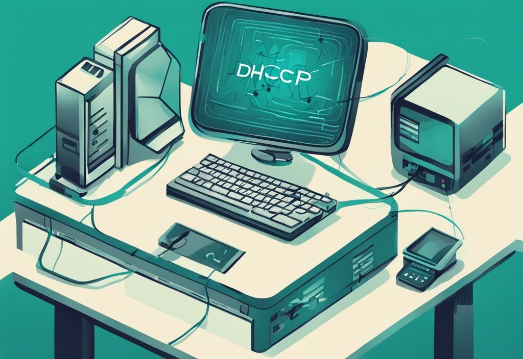 Moderne digitale Illustration eines Computers, der eine DHCP-Anfrage an einen Router sendet, in den Hauptfarben Türkis.