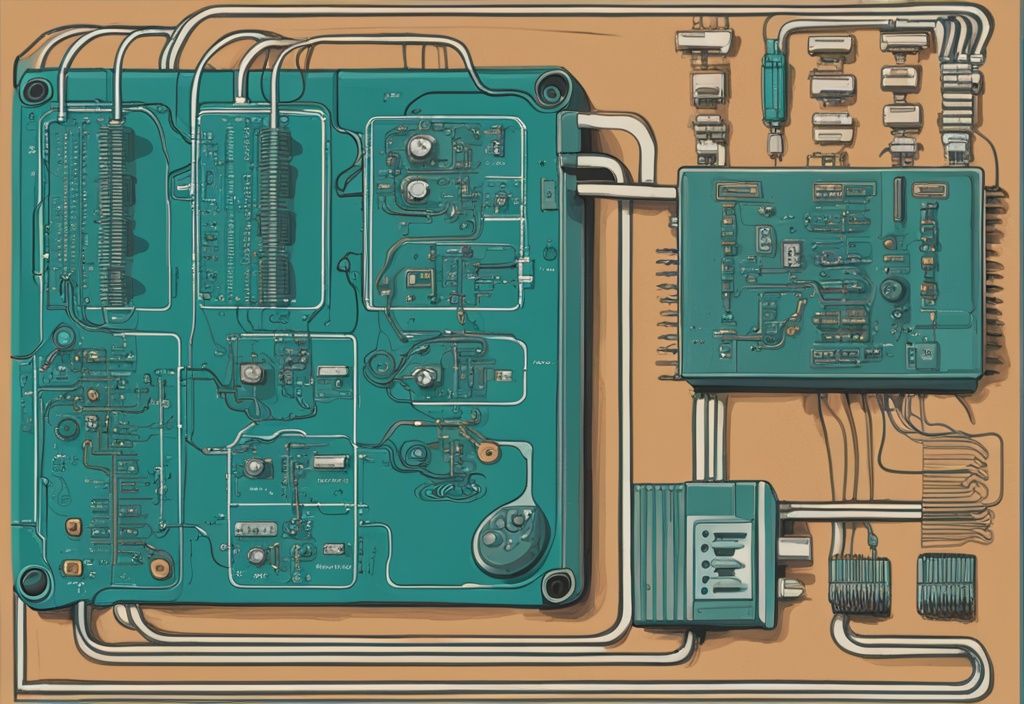 Moderne digitale Malerei-Illustration eines JK-Flip-Flop-Schaltplans mit klar beschrifteten Eingängen, Ausgängen und Gattern, Hauptfarbthema ist Türkis.