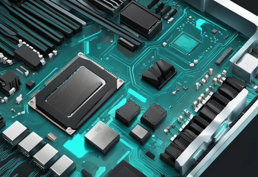 Moderne digitale Illustration eines Computer-Motherboards in Teal-Farben, die den präzisen Aufbau des Motherboard Aufbaus mit CPU-Sockel, RAM-Steckplätzen, PCI-Steckplätzen und Anschlüssen zeigt.