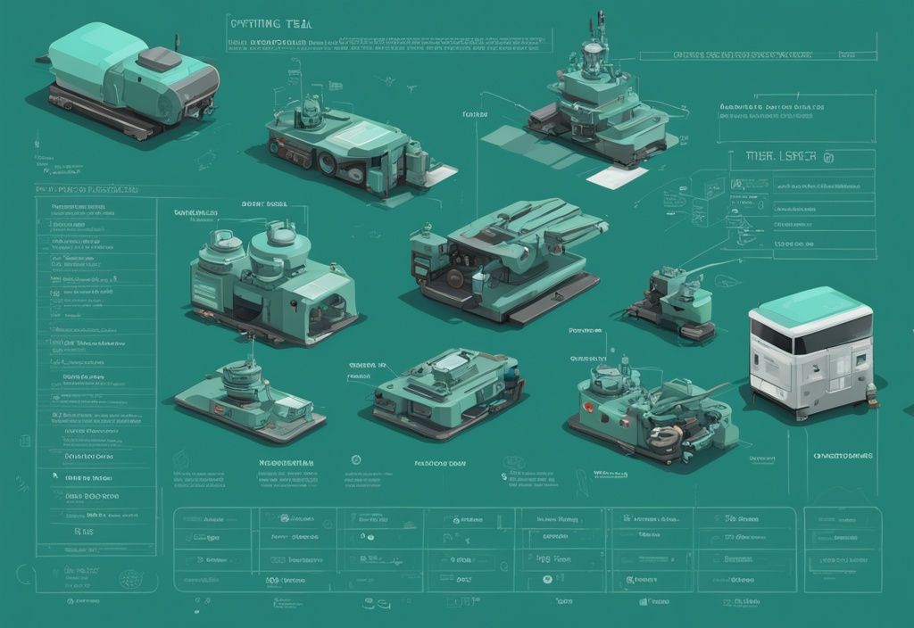 Moderne digitale Malerei mit einem umfassenden Tabelle über verschiedene Arten von Betriebsausrüstung, deren Namen, Funktionen und Zuweisungen, Hauptfarbe Teal.