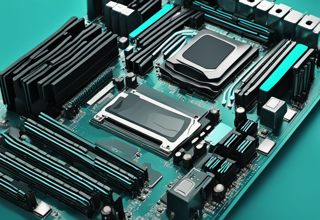 Moderne digitale Malerei einer Computer-Motherboard-Aufbau, zeigt CPU-Sockel, RAM-Steckplätze, PCI-Steckplätze und Anschlüsse in Teal-Farbtönen.