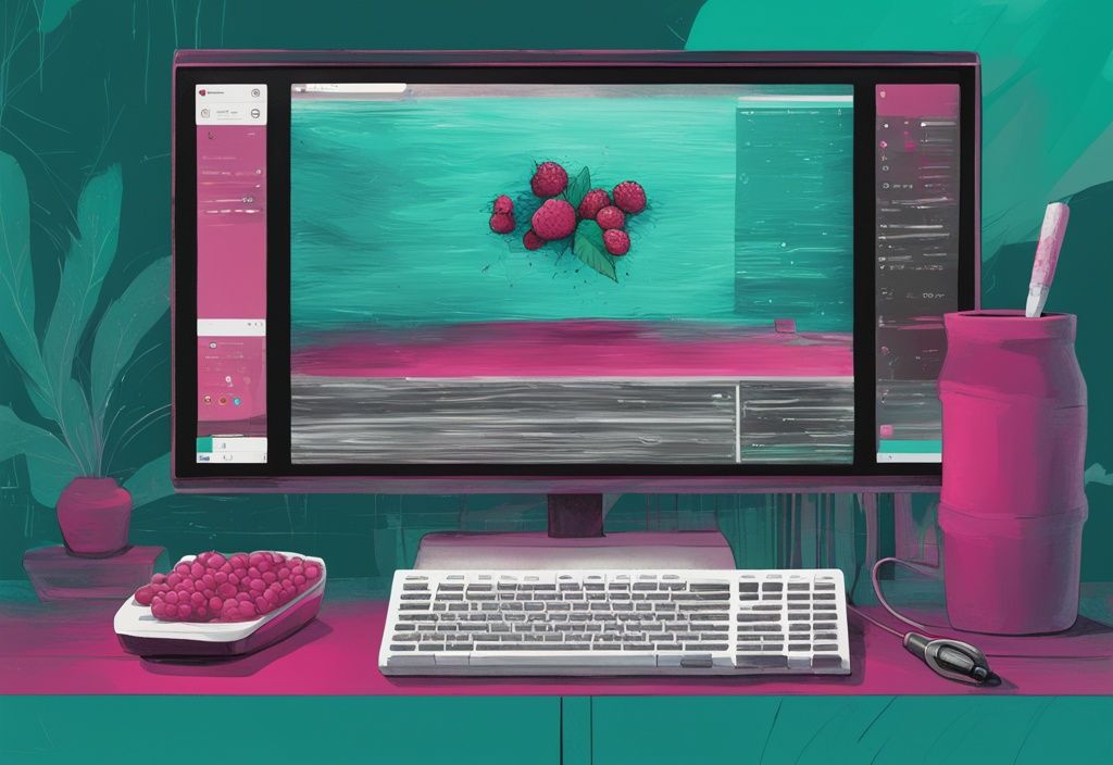 Moderne digitale Illustration in Türkis mit einem Raspberry Pi, der VNC-Software auf dem Bildschirm anzeigt