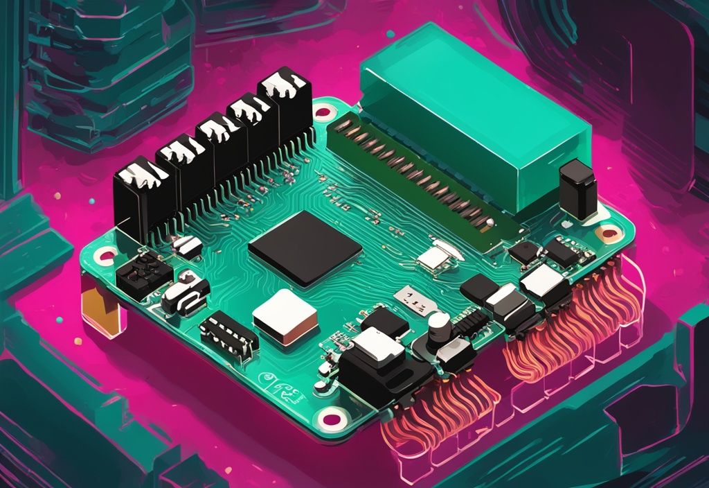 Moderne digitale Malerei mit Raspberry Pi Pico Mikrocontroller und technischen Komponenten auf einem teal-farbenen Hintergrund