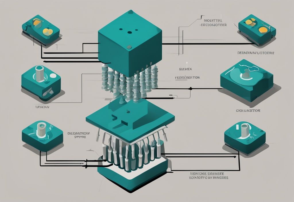 Moderne digitale Illustration eines Varistors, zeigt seine Hauptbestandteile und die Spannungsreaktion, Farbthema: Türkis.