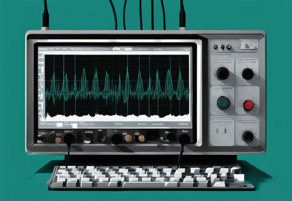 Moderne digitale Malerei mit Teal-Farbschema, Oszilloskopbildschirm zeigt grafische Darstellung der RMS-Wechselspannung mit markierten Spitzen und Knotenpunkten