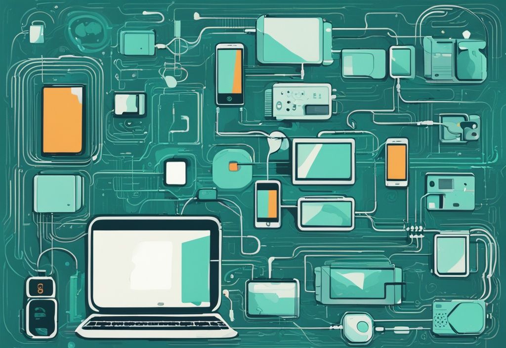 Moderne digitale Malerei mit Teal-Farbschema, zeigt internetverbundene Geräte wie Telefone, Laptops und elektronische Sensoren, die Daten über das MQTT-Protokoll symbolisiert durch verschiedenfarbige Linien kommunizieren.