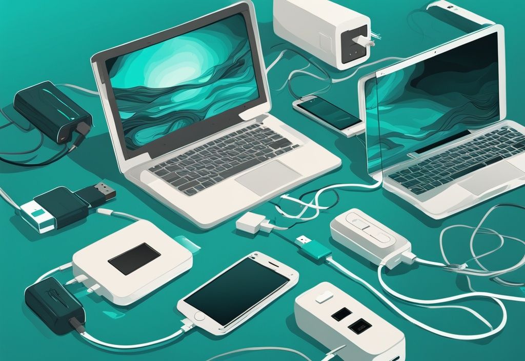 Moderne digitale Malerei mit USB-Geräten wie Kabeln, Powerbanks und Adaptern auf einem technisch gestalteten Hintergrund in der Hauptfarbe Teal.