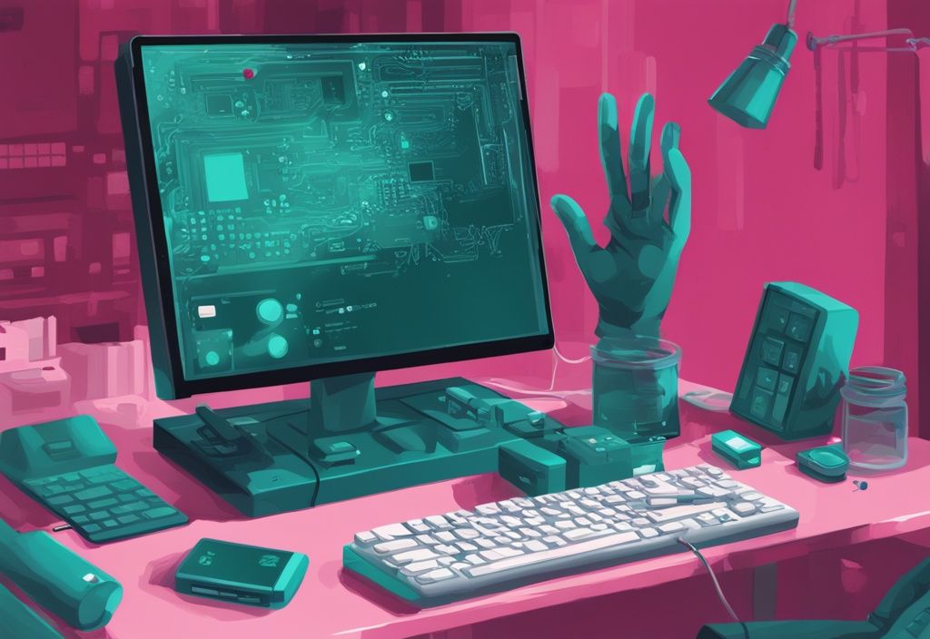 Moderner digitaler Malerei-Illustration eines Raspberry Pi Anfänger-Setups mit sichtbaren Hardwarekomponenten, einem Monitor mit Programmiersprache und einer Hand, die kurz davor ist, Enter auf der Tastatur zu drücken, in der Hauptfarbe Teal.