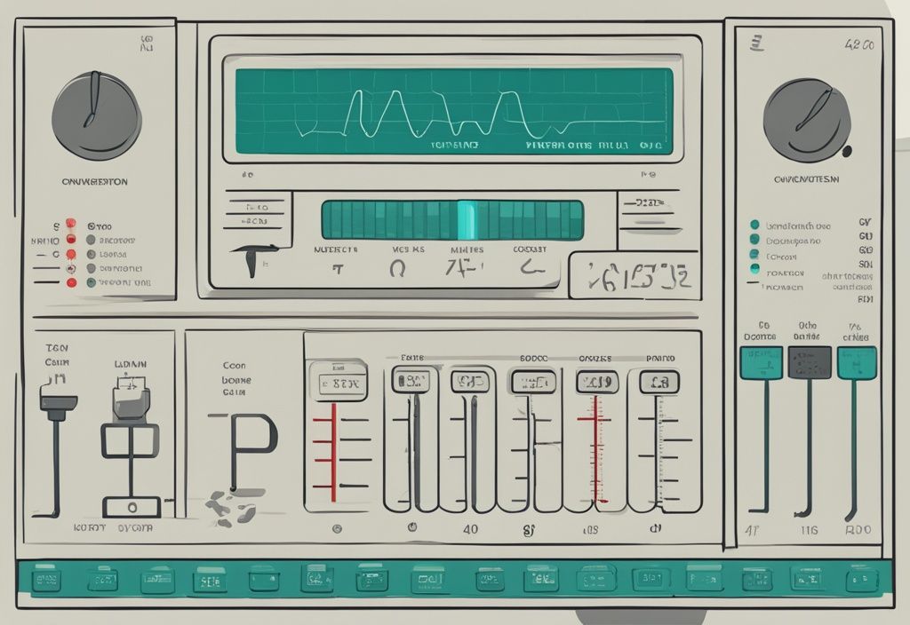 Moderne digitale Illustration eines Multimeters mit Schiebeschalter auf Ohm und einer Umrechnungstabelle für verschiedene Widerstandseinheiten, Hauptfarbe Teal.