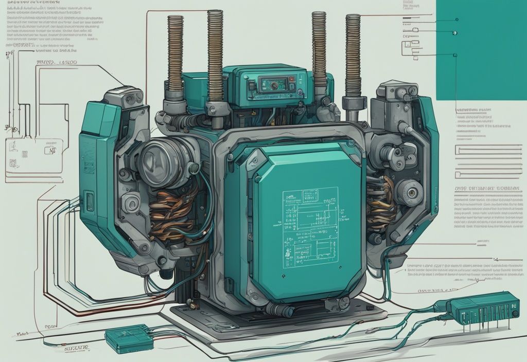 Moderne digitale Malerei mit detailliertem Schaltzeichen Trafo und beschrifteten Teilen in der Hauptfarbe Türkis.
