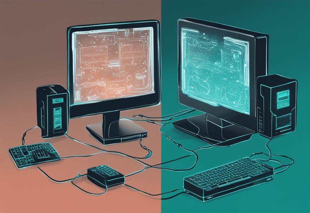 Moderne digitale Illustration in Türkis: Zwei Computergeräte sind über Ethernet-Kabel verbunden und tauschen ARP-Protokollpakete aus, dargestellt durch leuchtende Symbole.