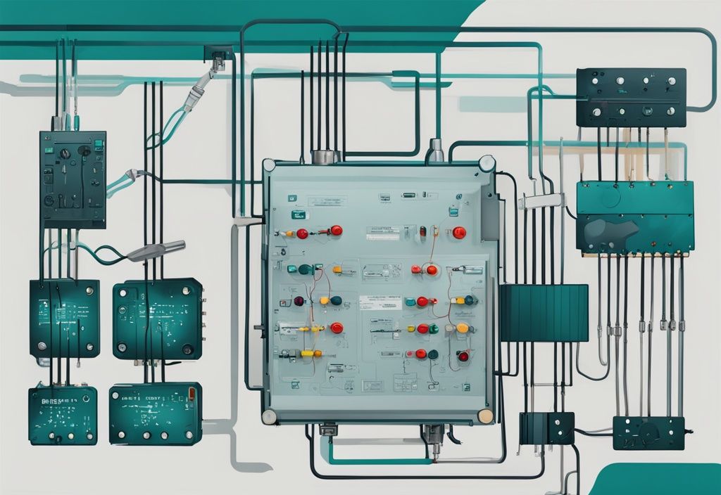 Moderne digitale Malerei Illustration mit Hauptfarbthema Türkis, detailliertes Diagramm eines Relais-Schaltkreises mit klar beschrifteten Komponenten