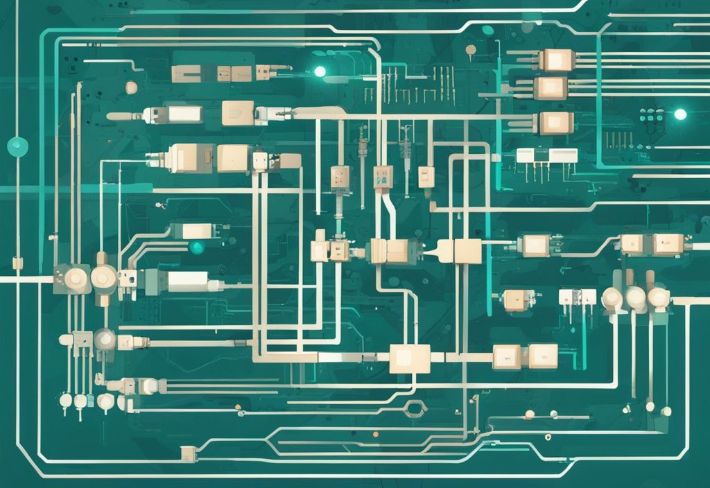 Moderne digitale Malerei mit elektronischen Komponenten und Kabeln in Parallelschaltung, Hauptfarbe Teal